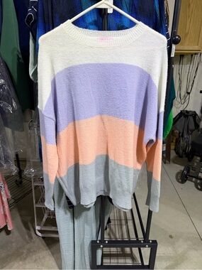Pink Lily Pastel Striped Crewneck Sweater in Lavender, Peach & Light Gray